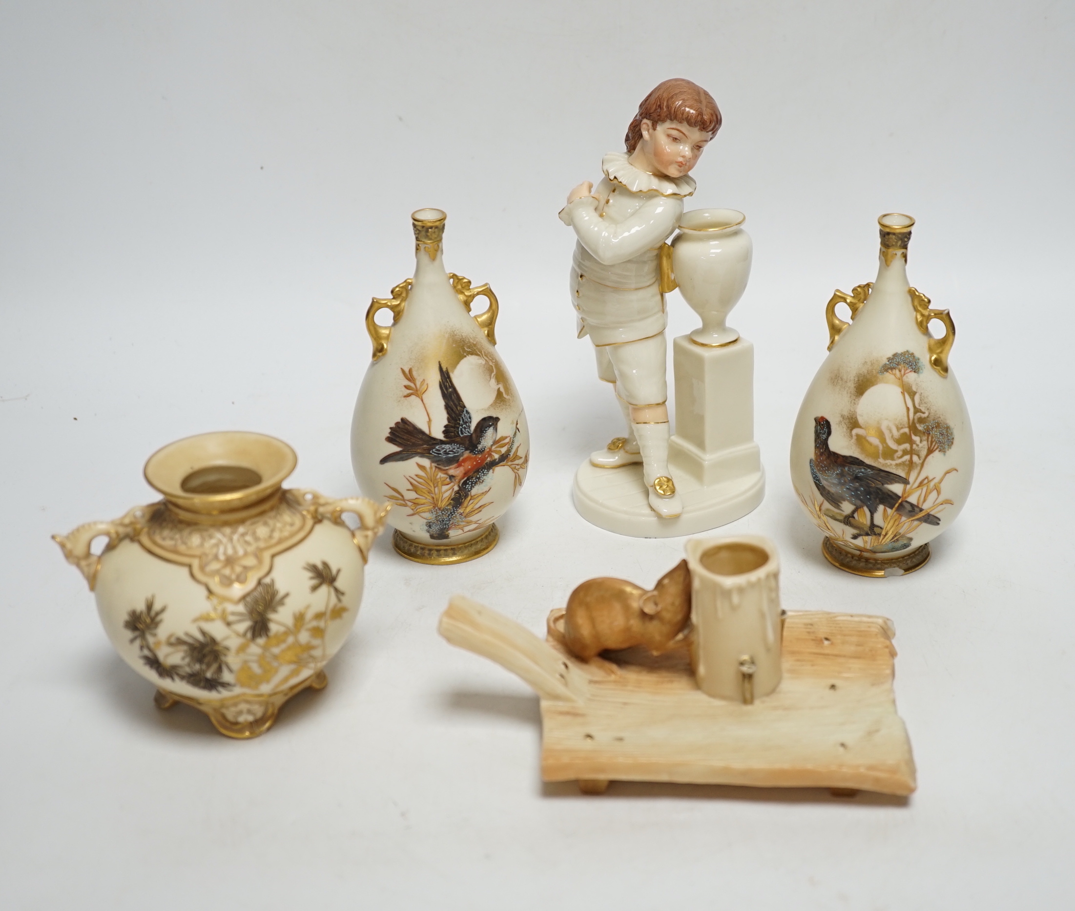 A group of five late 19th century Worcester ceramics, to include figure of a boy, a chamberstick formed as a mouse and candle, an Aesthetic period vase and a pair of bird painted vases